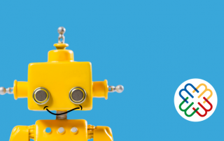 un robot giallo su sfondo azzurro